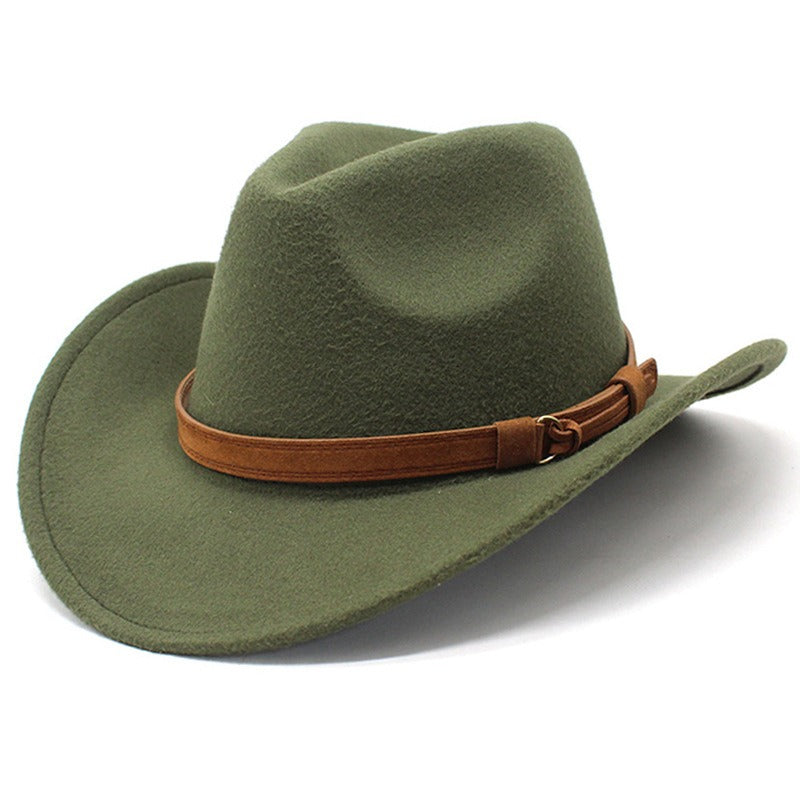 Casual Versatile Retro Camel Belt Autumn Winter Mens and Womens Woolen Western Denim Hat Wide Brim Sun Shade Top Hat
