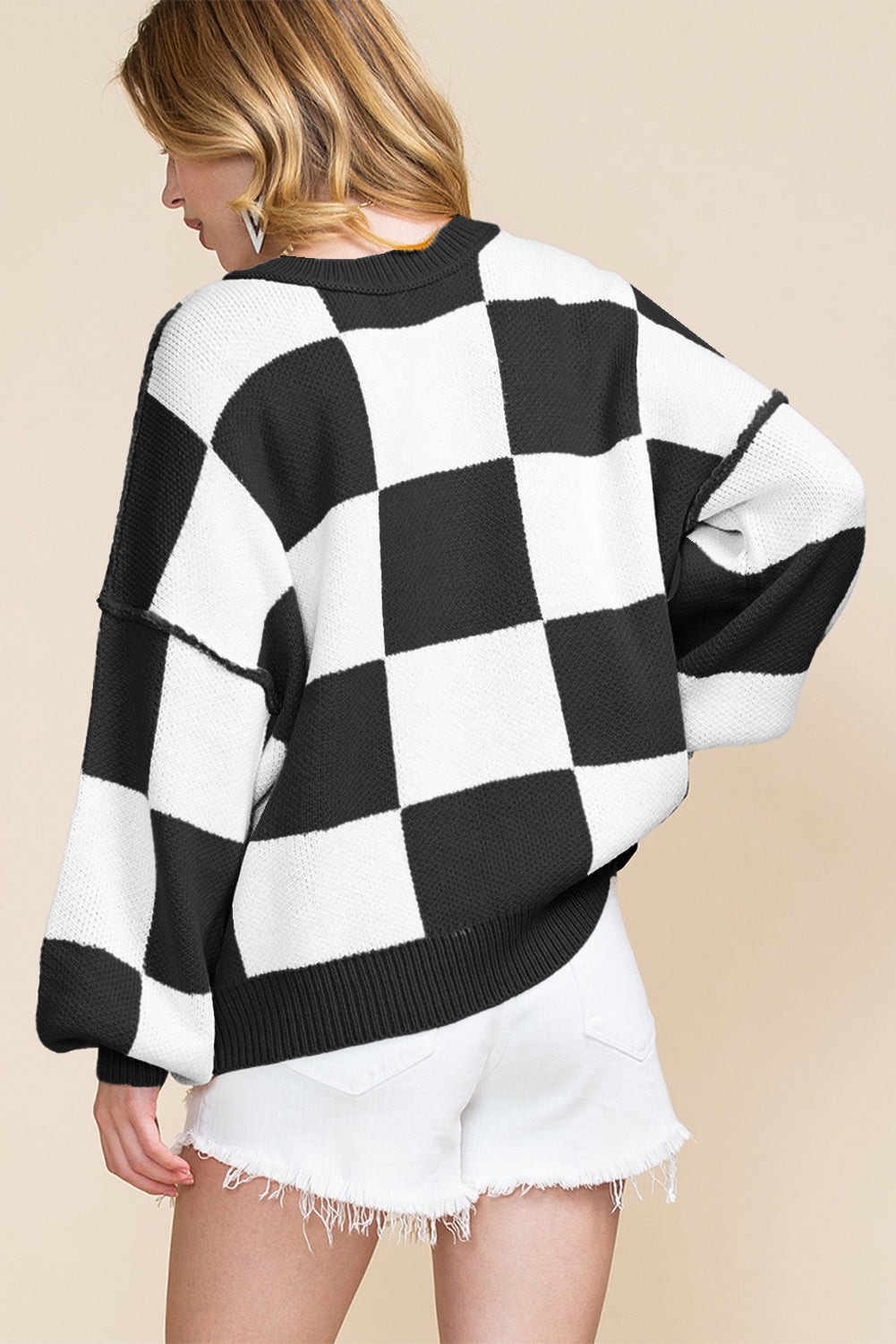 Orange Checkered Bishop Sleeve Sweater