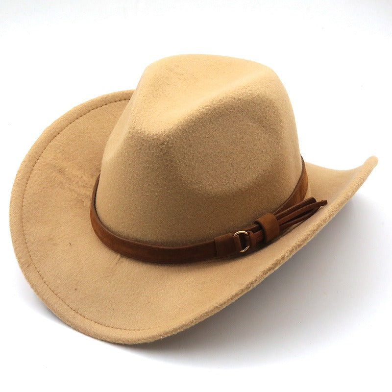 Casual Versatile Retro Camel Belt Autumn Winter Mens and Womens Woolen Western Denim Hat Wide Brim Sun Shade Top Hat