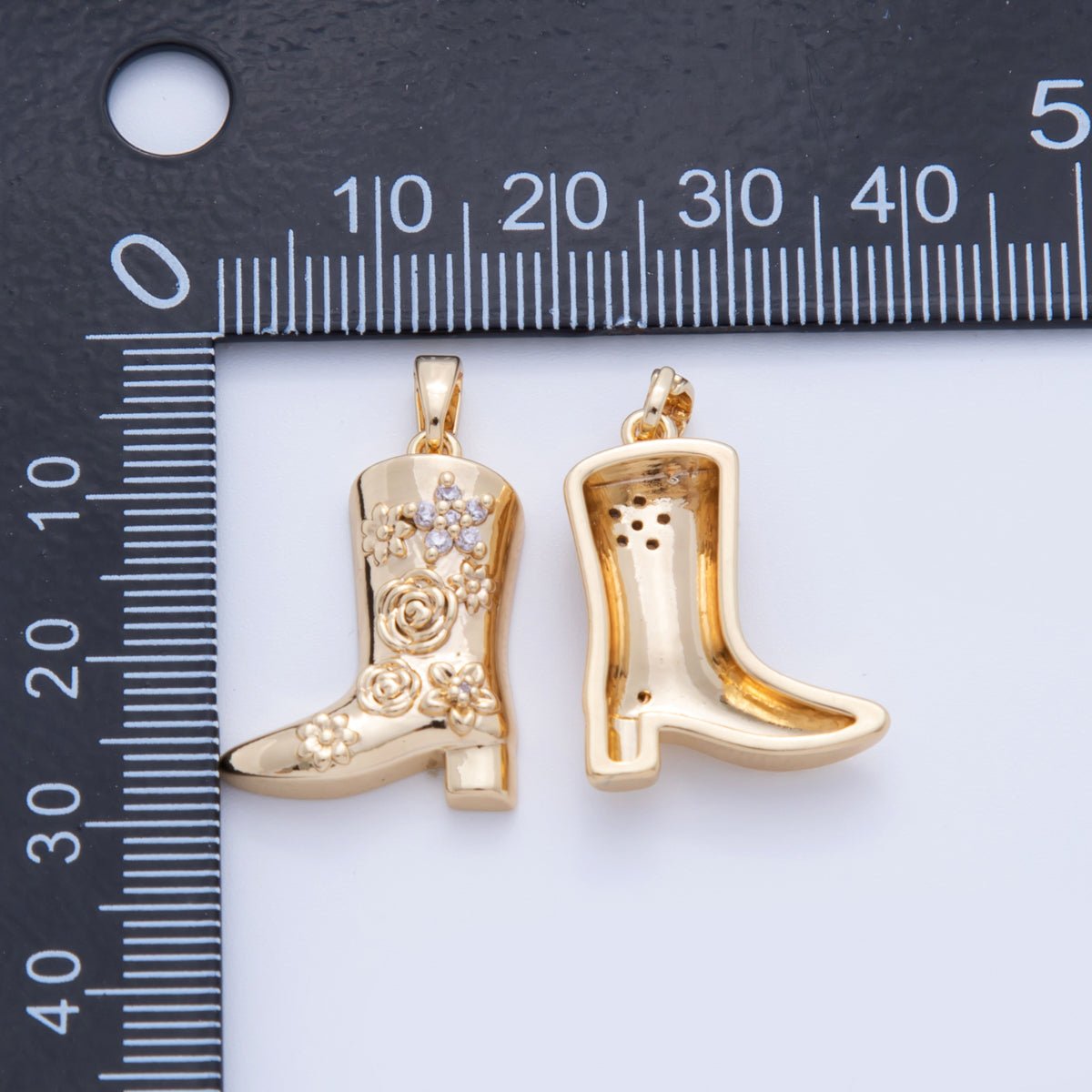 18K Gold Filled CZ Flower Western Cowboy Boots Pendant | AH740