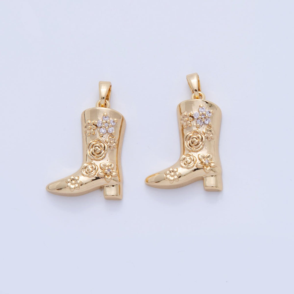 18K Gold Filled CZ Flower Western Cowboy Boots Pendant | AH740