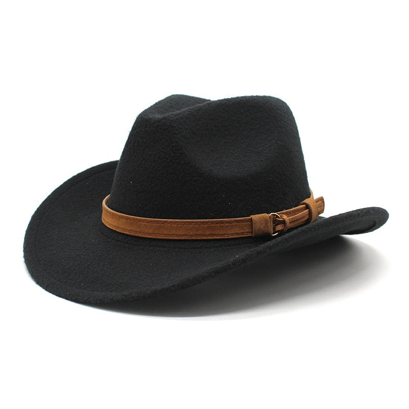 Casual Versatile Retro Camel Belt Autumn Winter Mens and Womens Woolen Western Denim Hat Wide Brim Sun Shade Top Hat