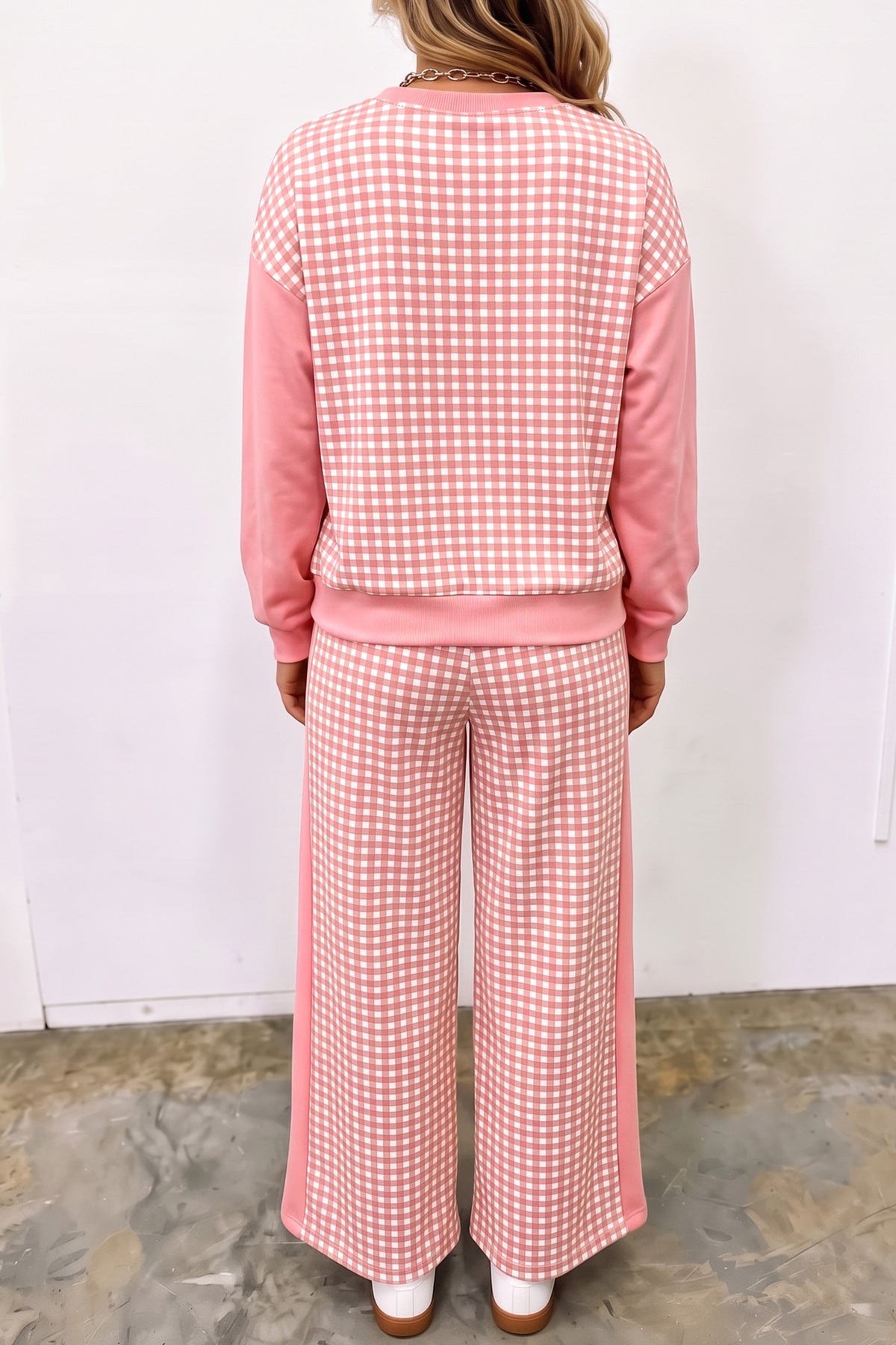 Brown Color Block Plaid Patchwork Long Sleeve Pullover Wide Leg Pant Set