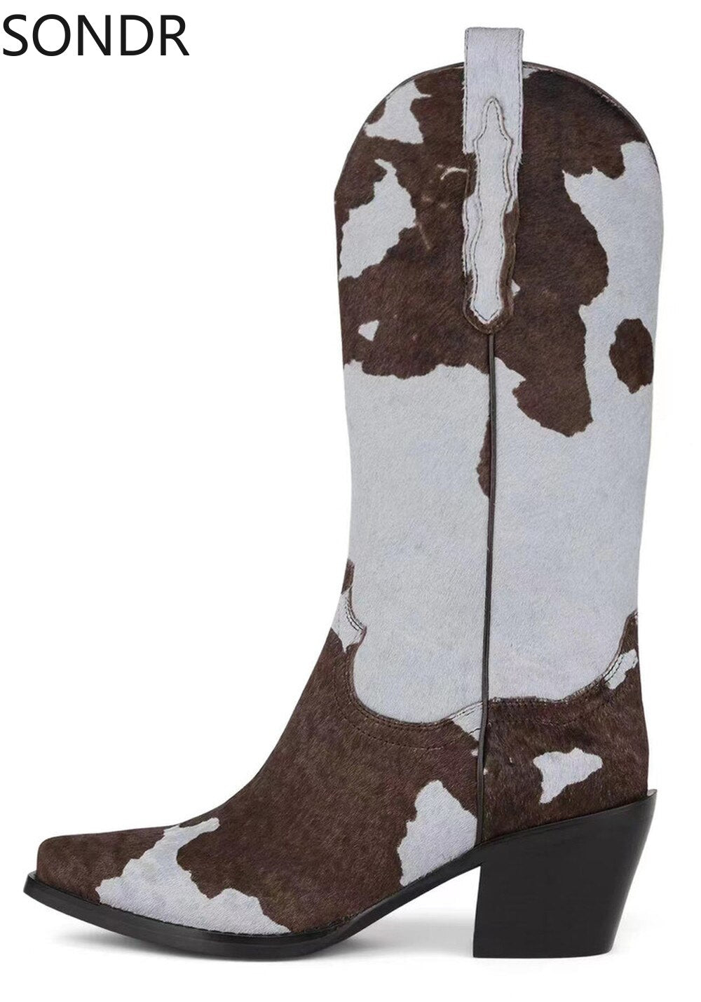 Womens Pointed Toe Real Horse Fur Mid Calf Boots Chunky Heel Shoes Genuine Leather Chelsea Western Cowboy