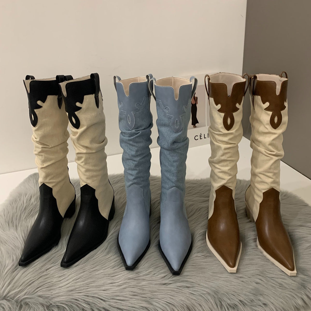 Western Cowboy Boots Ladies Vintage Pointed Toe Denim Winter Women Knee High Boots Long Slip On Pleated Shoes Female