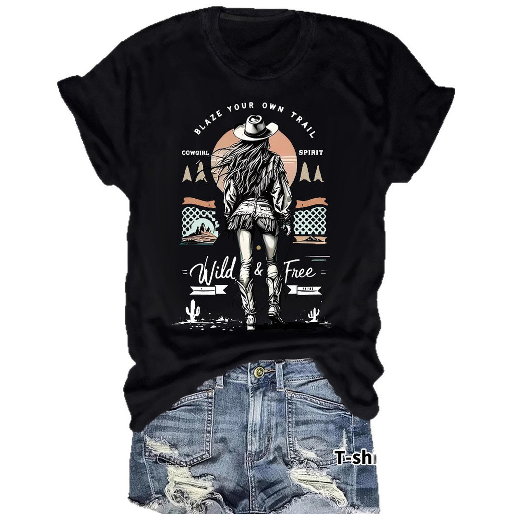 Western denim printed t-shirt short sleeved