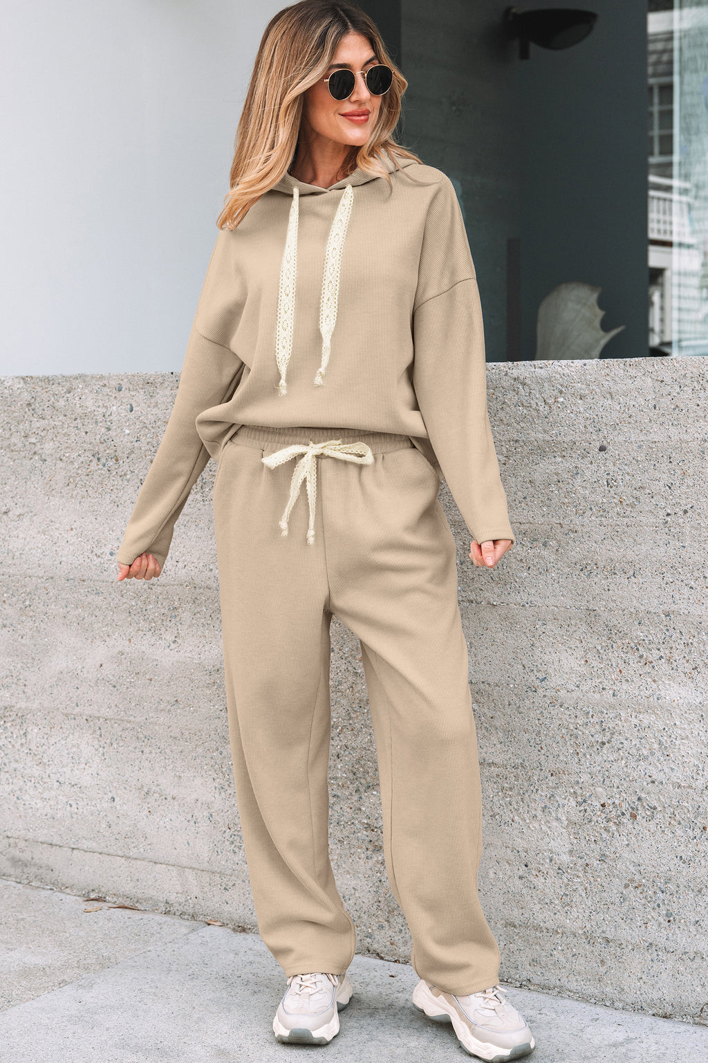 Dark Khaki Leopard Drawstring Pullover Hoodie and High Waist Pants Corduroy Suit