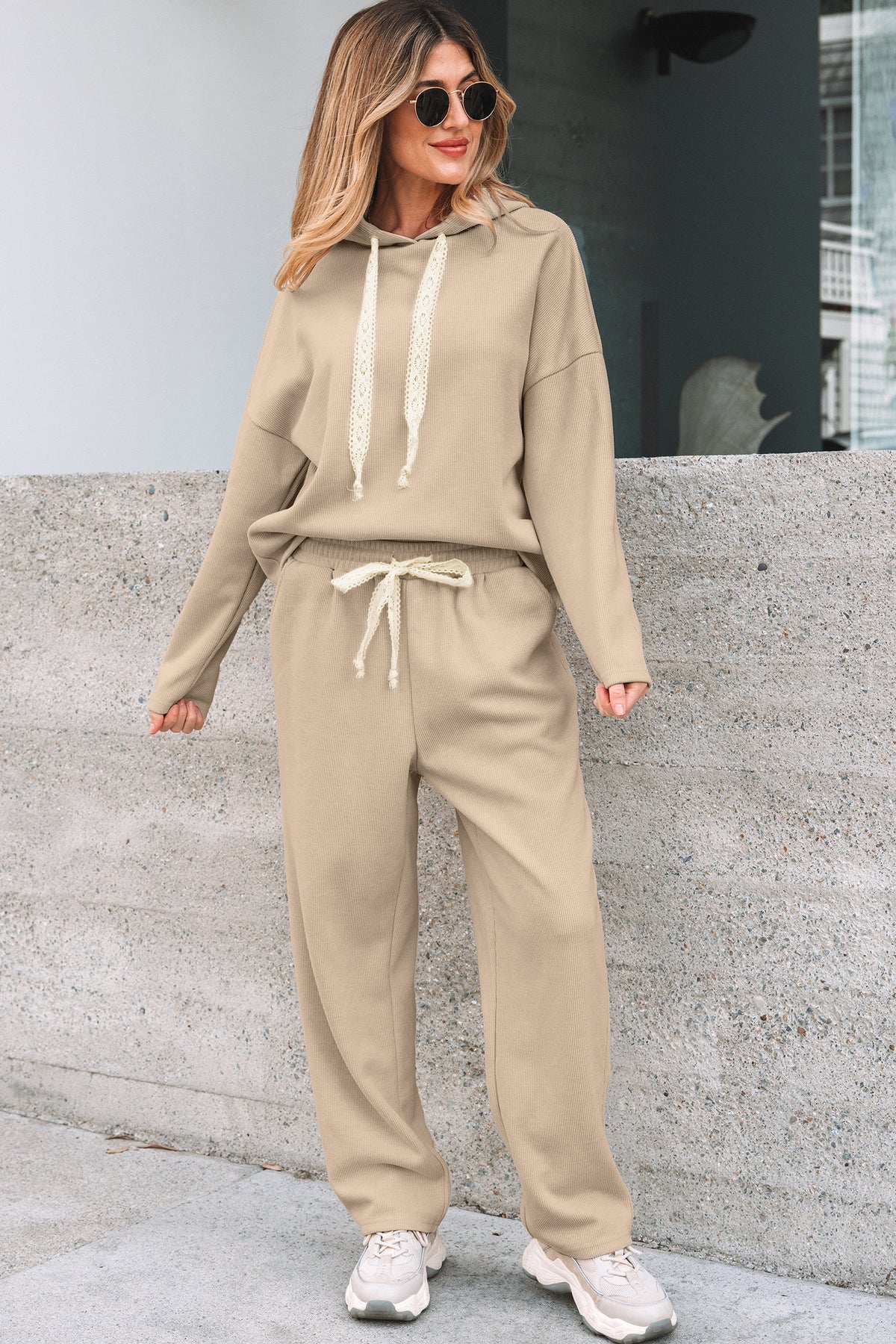 Dark Khaki Leopard Drawstring Pullover Hoodie and High Waist Pants Corduroy Suit