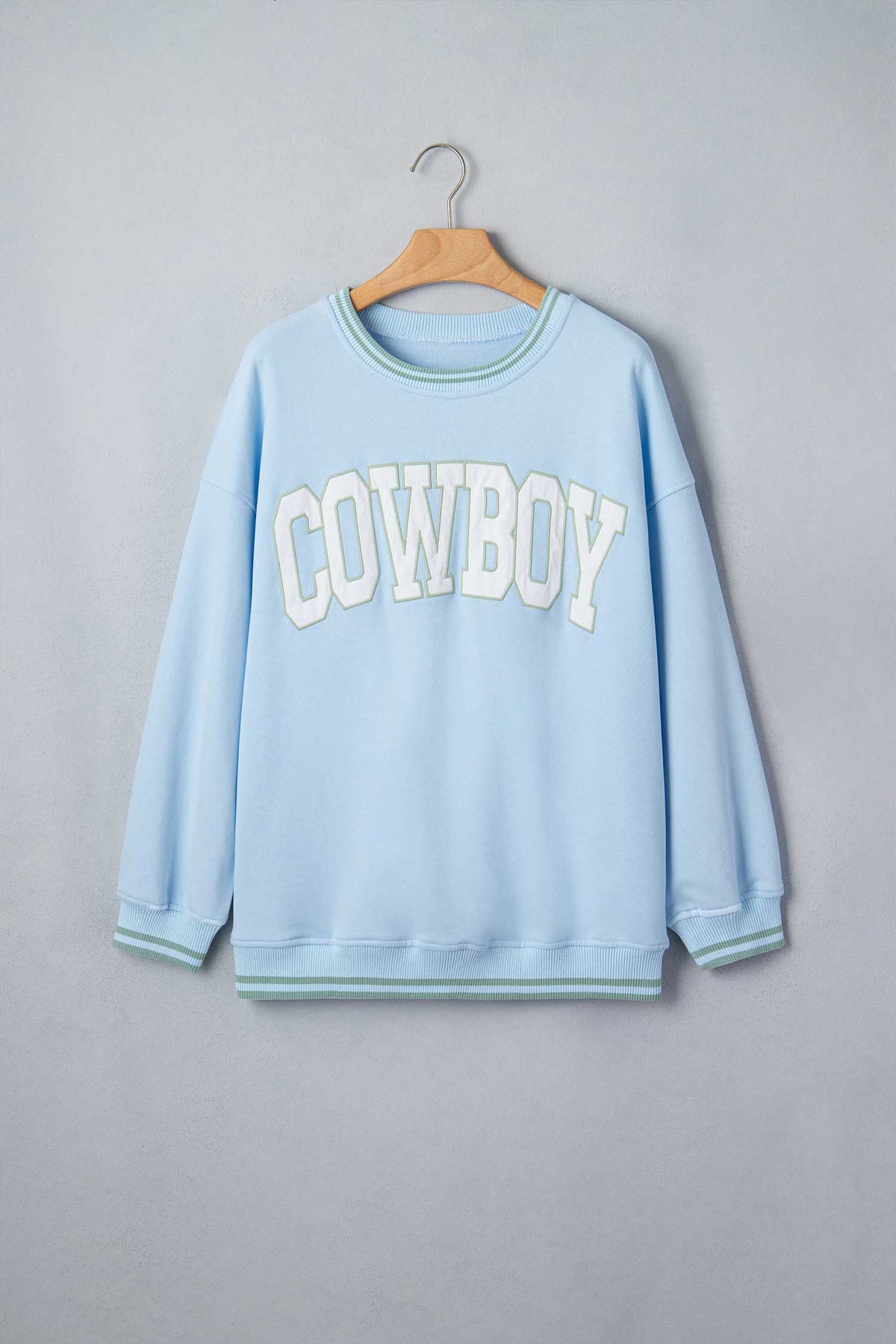Beau Blue Embroidered Cowboy Letter Print Long Sleeve Round Neck Sweatshirt