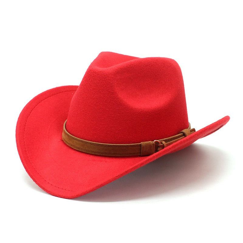 Casual Versatile Retro Camel Belt Autumn Winter Mens and Womens Woolen Western Denim Hat Wide Brim Sun Shade Top Hat