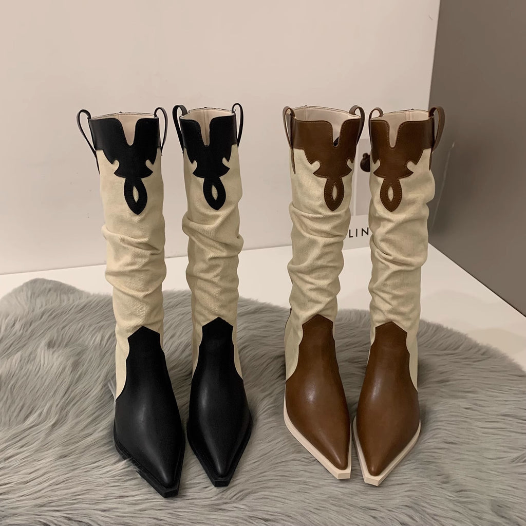 Western Cowboy Boots Ladies Vintage Pointed Toe Denim Winter Women Knee High Boots Long Slip On Pleated Shoes Female