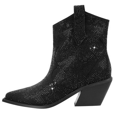 Fashion Rhinestone Women Ankle Boots For Woman Pointed Toe Western Cowboy Botas De Mujer Square Heel Party Shoes Botines