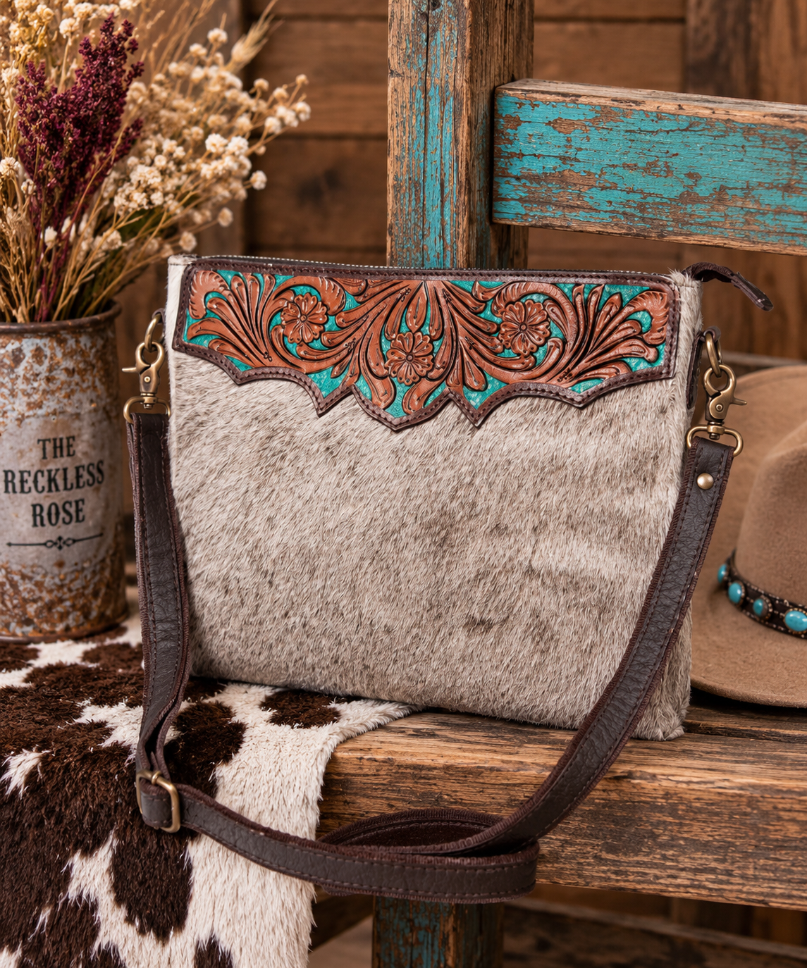 Hair-On Cowhide Tooled Leather Western Crossbody Bag