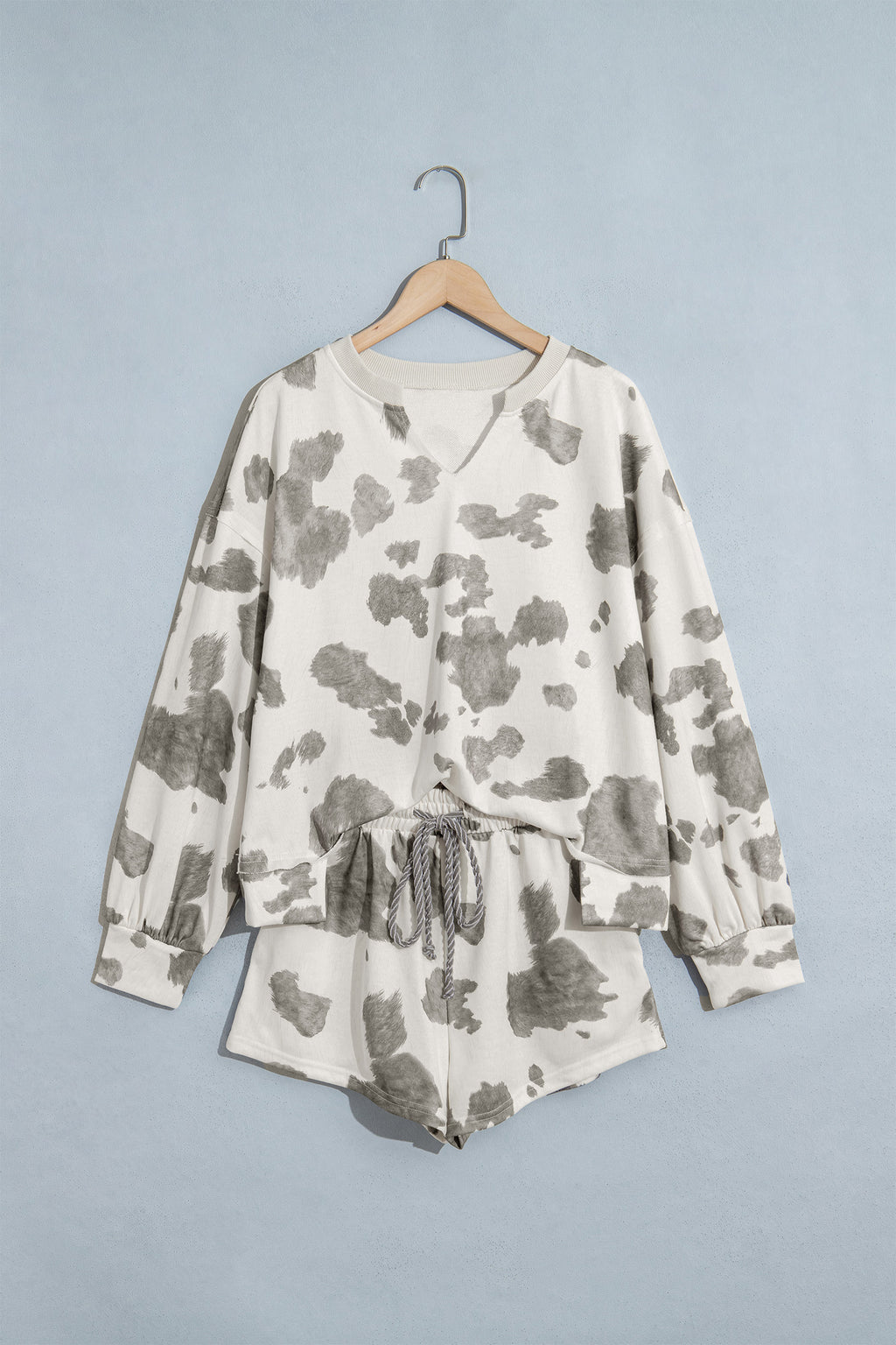 Gray Western Print Raw Hem Long Sleeve Top Drawstring Shorts Set