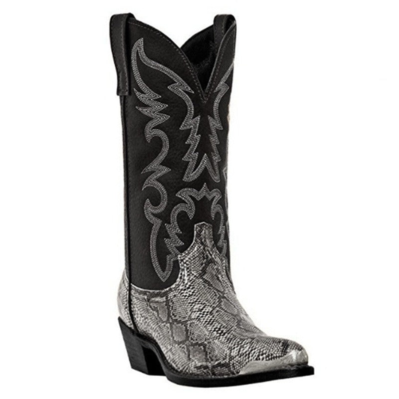 Western Cowboy Boot Lovers Casual Mens Leather Shoes Casual Shoes High Heels Iron Head Mens and Womens Printed Snake Pattern