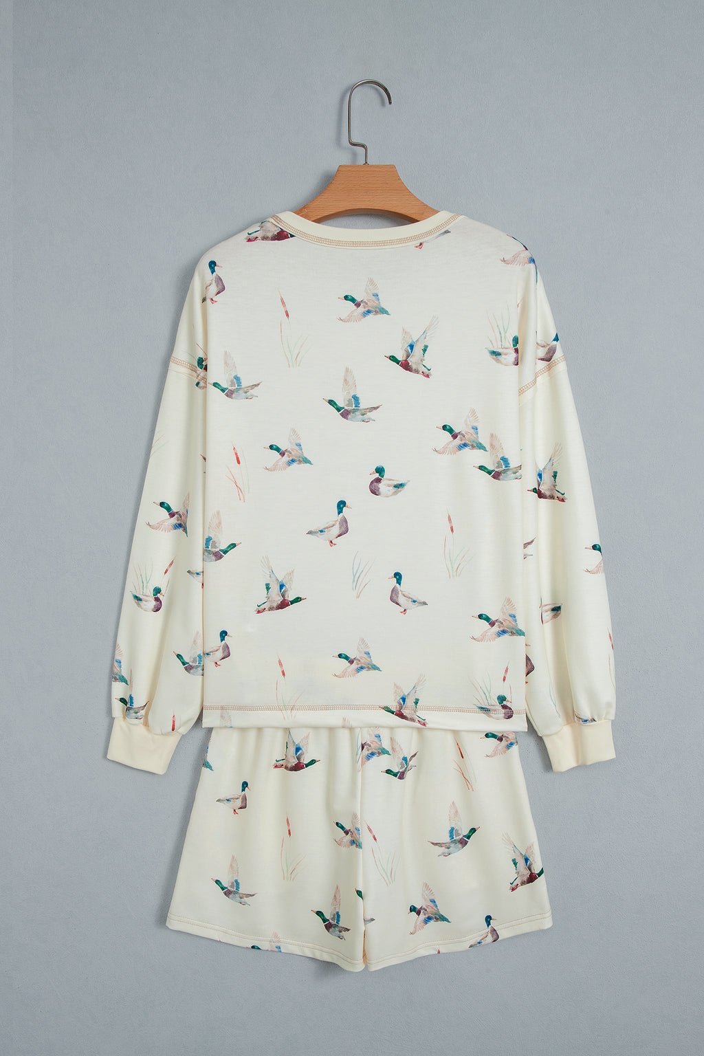 Beige Free Mallard Print Long Sleeve Top Drawstring Short Set