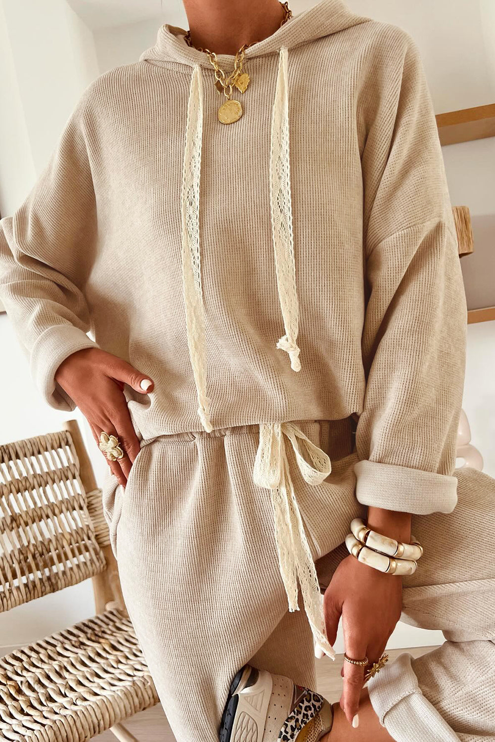 Dark Khaki Leopard Drawstring Pullover Hoodie and High Waist Pants Corduroy Suit