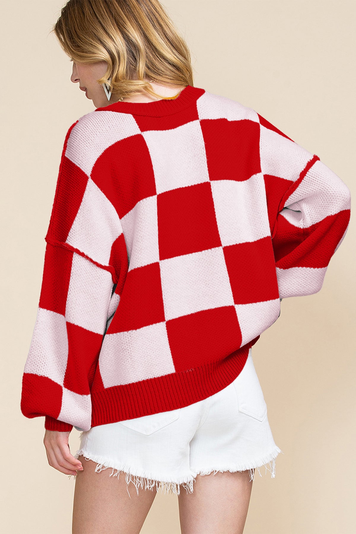 Orange Checkered Bishop Sleeve Sweater