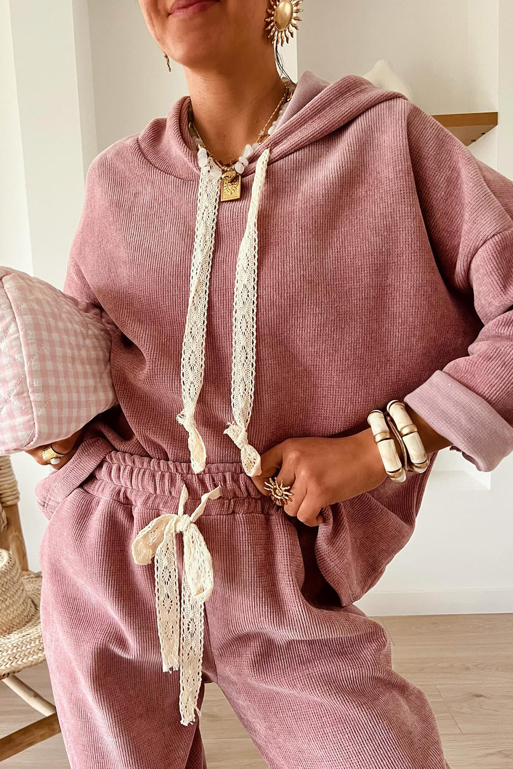 Dark Khaki Leopard Drawstring Pullover Hoodie and High Waist Pants Corduroy Suit