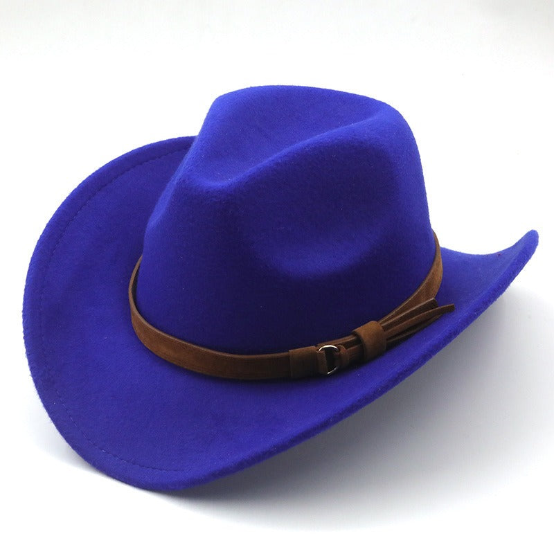 Casual Versatile Retro Camel Belt Autumn Winter Mens and Womens Woolen Western Denim Hat Wide Brim Sun Shade Top Hat