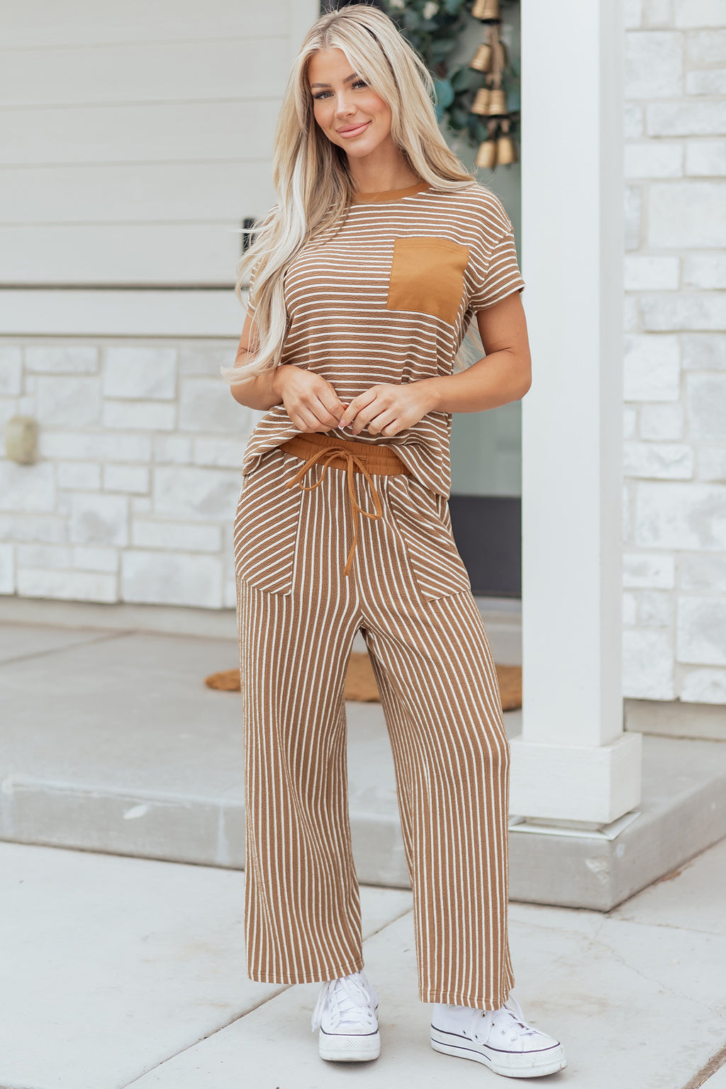 Khaki Stripe Crew Neck Tee Drawstring Waist Cropped Pants Set