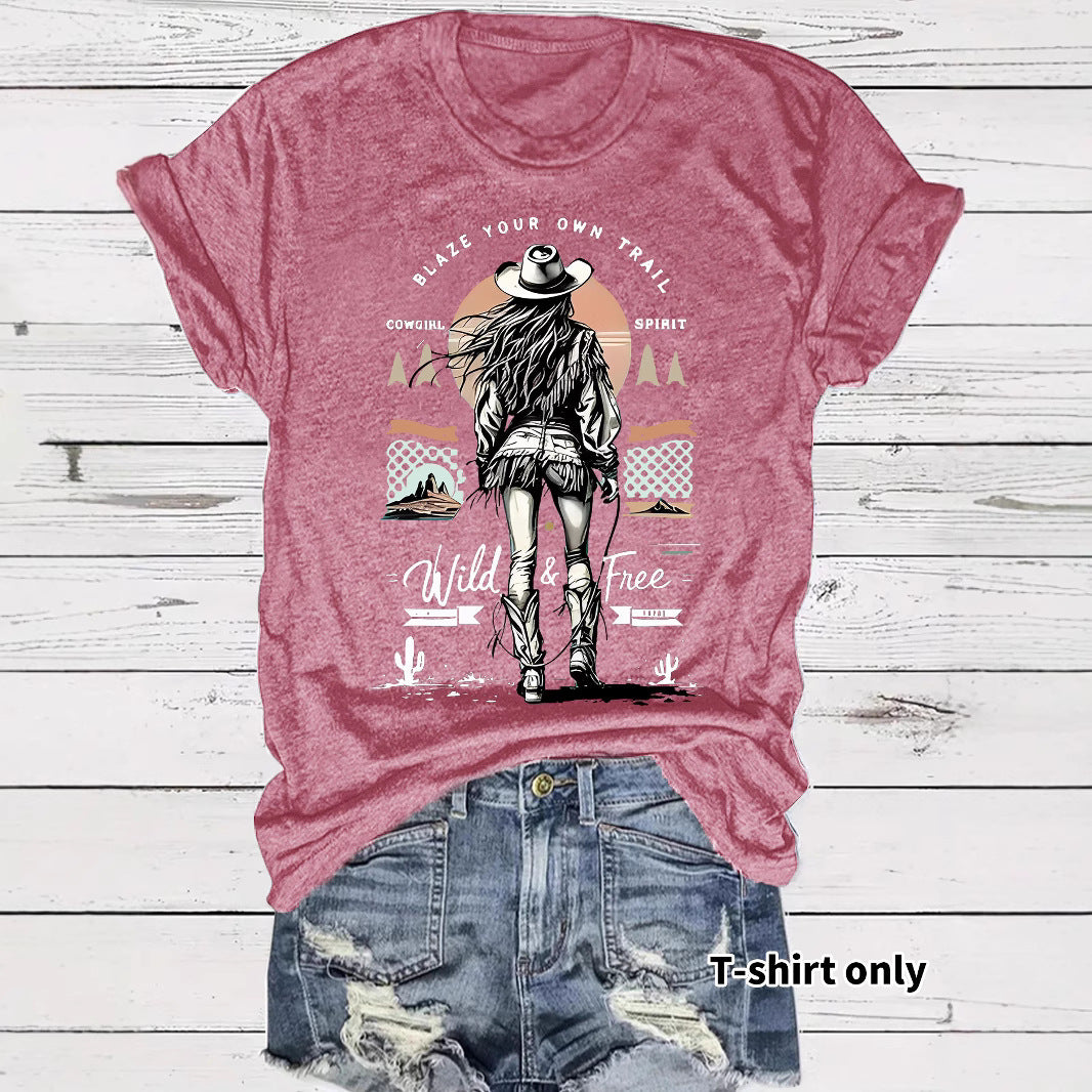 Western denim printed t-shirt short sleeved