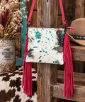 Hair-On Cowhide Western Small Crossbody Bag with Fringe – Turquoise & red