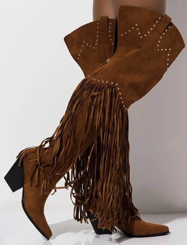 New Brown Western Cowboy boots Women Fashion Winter Chunky Heels Overknee Thigh High Boots Pointed Toe Long Women's Autumn Boots