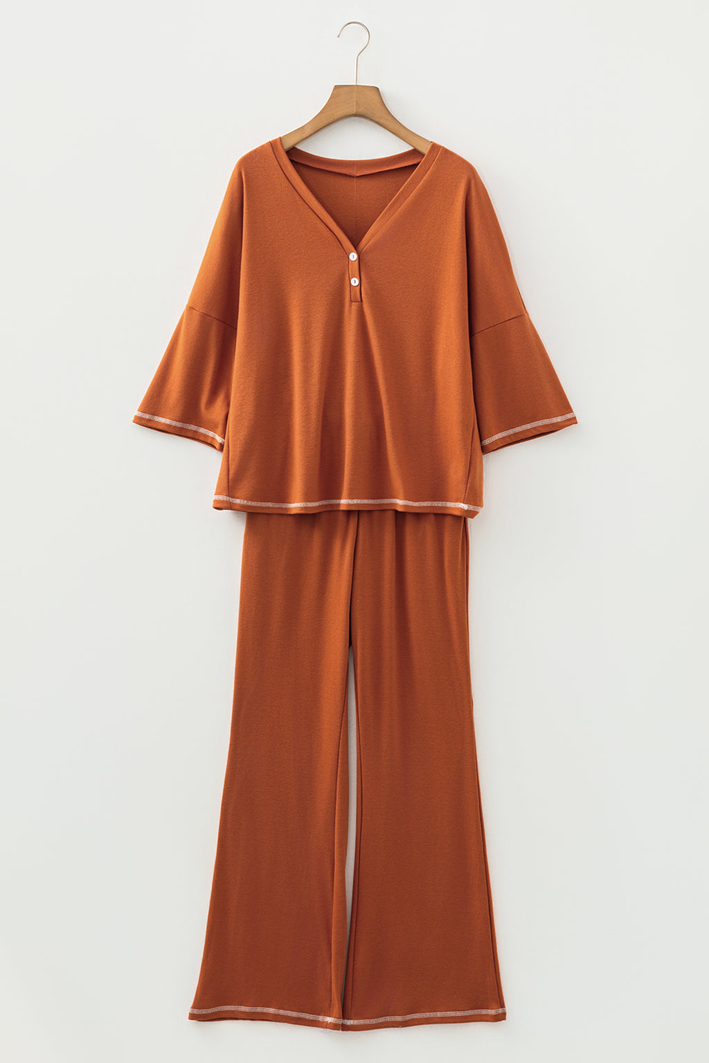 Grapefruit Orange Contrast Stitching Buttoned V Neck Half Sleeve Top and Drawstring Flare Pants Set