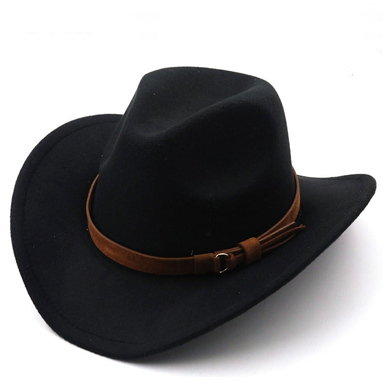 Casual Versatile Retro Camel Belt Autumn Winter Mens and Womens Woolen Western Denim Hat Wide Brim Sun Shade Top Hat