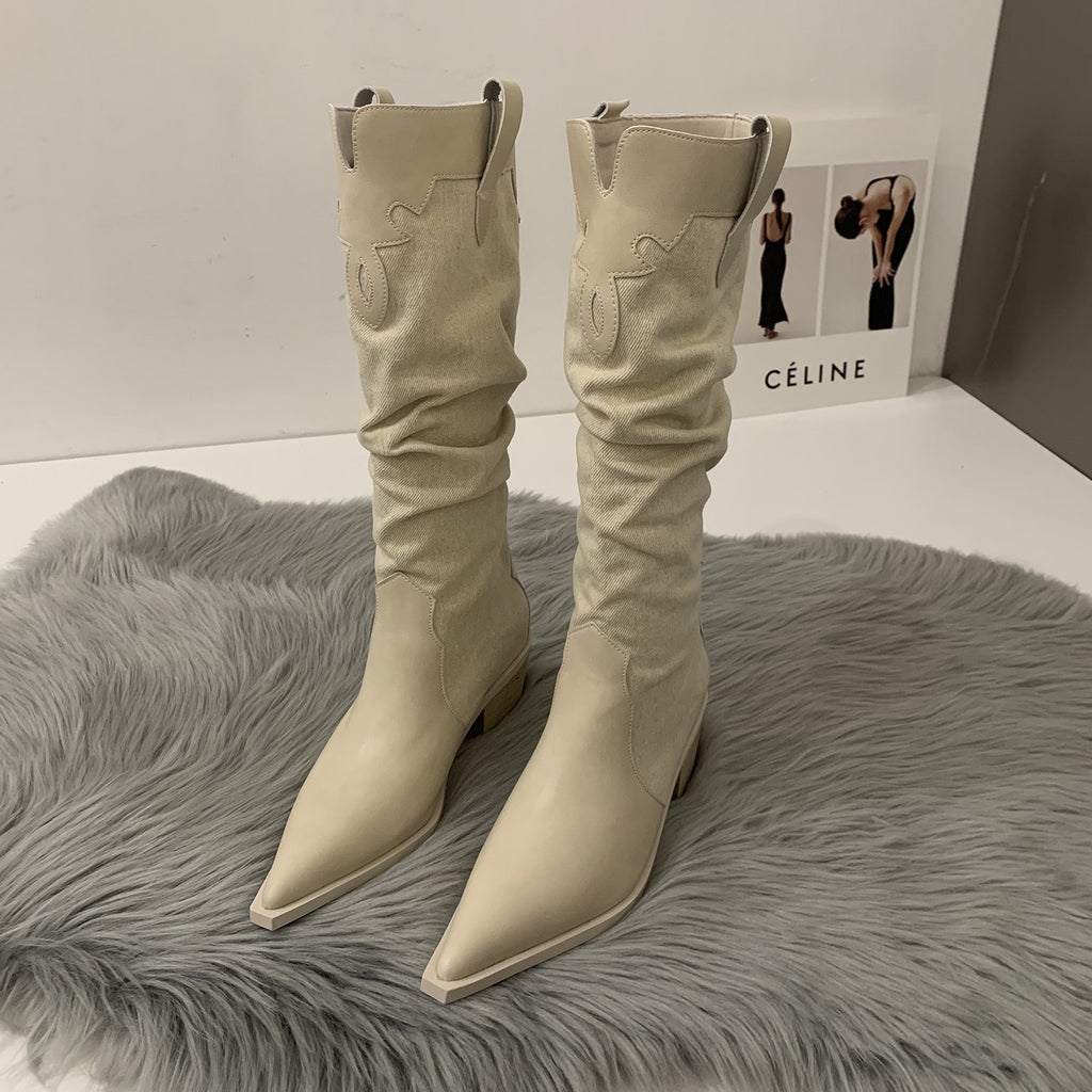 Western Cowboy Boots Ladies Vintage Pointed Toe Denim Winter Women Knee High Boots Long Slip On Pleated Shoes Female