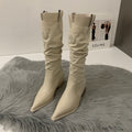 Western Cowboy Boots Ladies Vintage Pointed Toe Denim Winter Women Knee High Boots Long Slip On Pleated Shoes Female