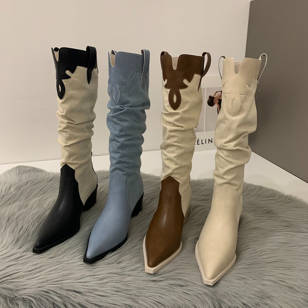 Western Cowboy Boots Ladies Vintage Pointed Toe Denim Winter Women Knee High Boots Long Slip On Pleated Shoes Female