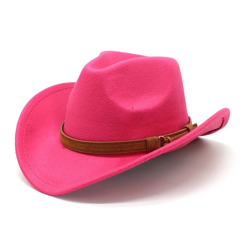 Casual Versatile Retro Camel Belt Autumn Winter Mens and Womens Woolen Western Denim Hat Wide Brim Sun Shade Top Hat