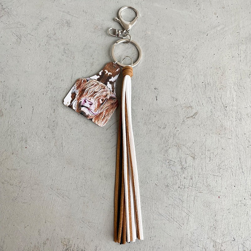 Handmade Popular Jewelry Western Farm Style Leather Keychain Cow Horse Deer Cow Brand Leather Tassels