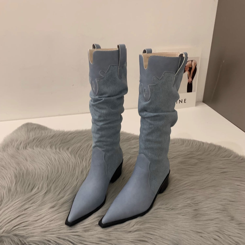 Western Cowboy Boots Ladies Vintage Pointed Toe Denim Winter Women Knee High Boots Long Slip On Pleated Shoes Female