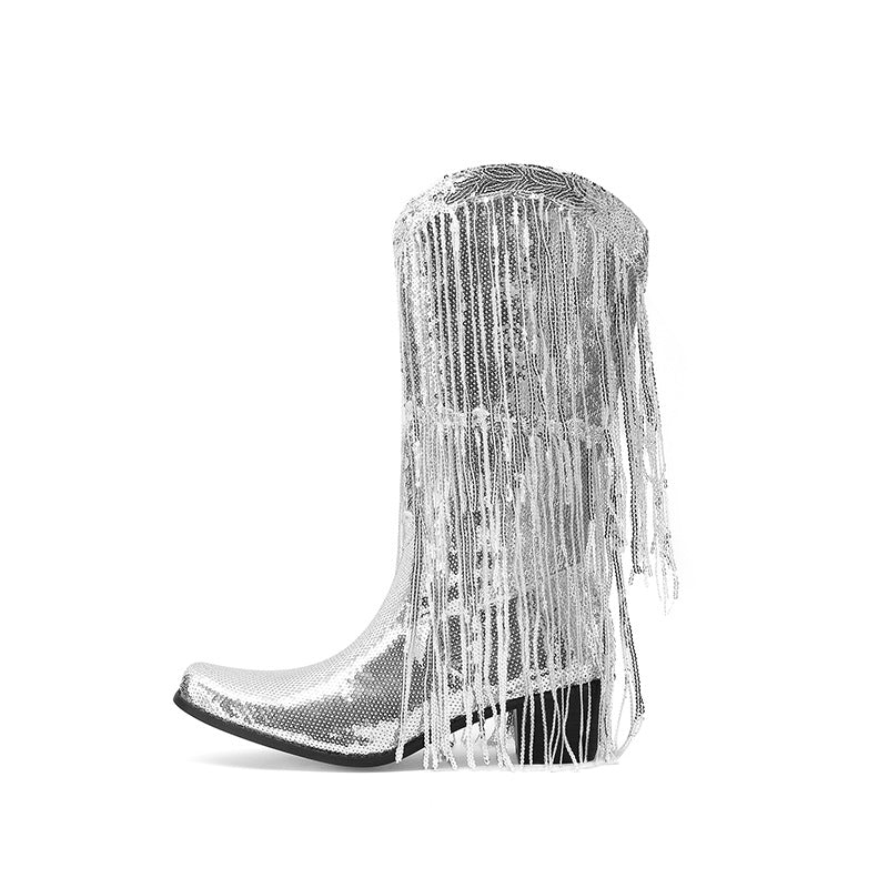 Curved Toe Sequins Glitter Bling Shiny Gold Green Purple Women Heels Shoes Mid-calf Western Cowboy Boots With Fringes Tassels