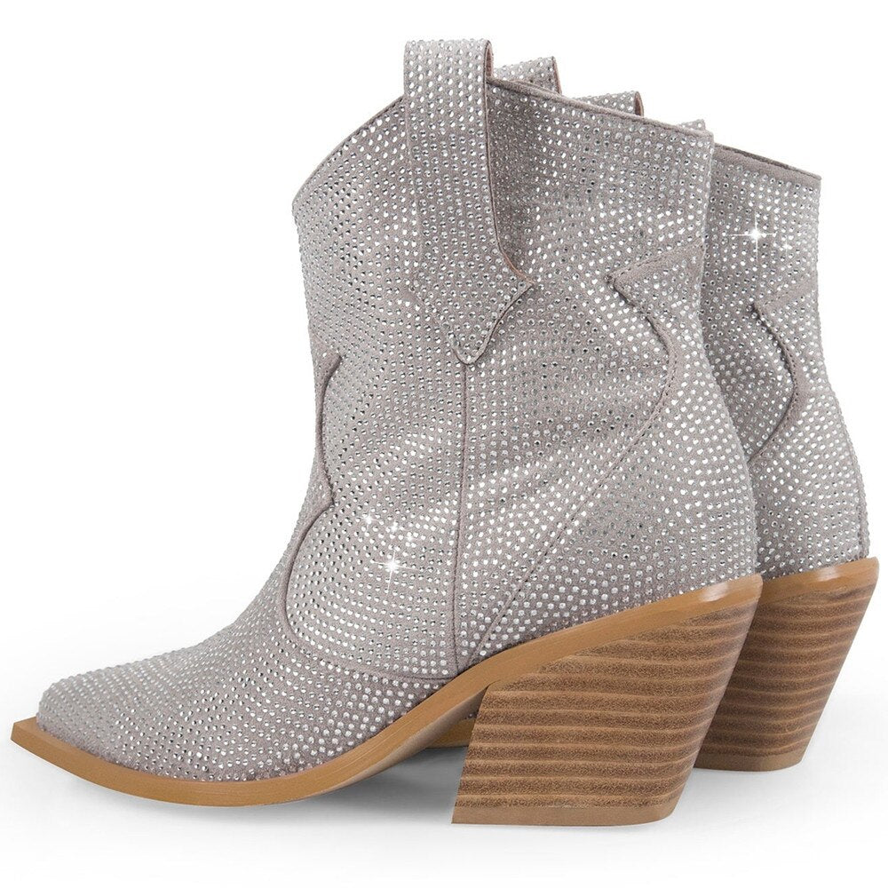 Fashion Rhinestone Women Ankle Boots For Woman Pointed Toe Western Cowboy Botas De Mujer Square Heel Party Shoes Botines
