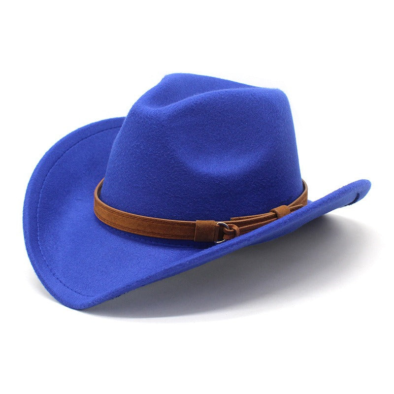 Casual Versatile Retro Camel Belt Autumn Winter Mens and Womens Woolen Western Denim Hat Wide Brim Sun Shade Top Hat