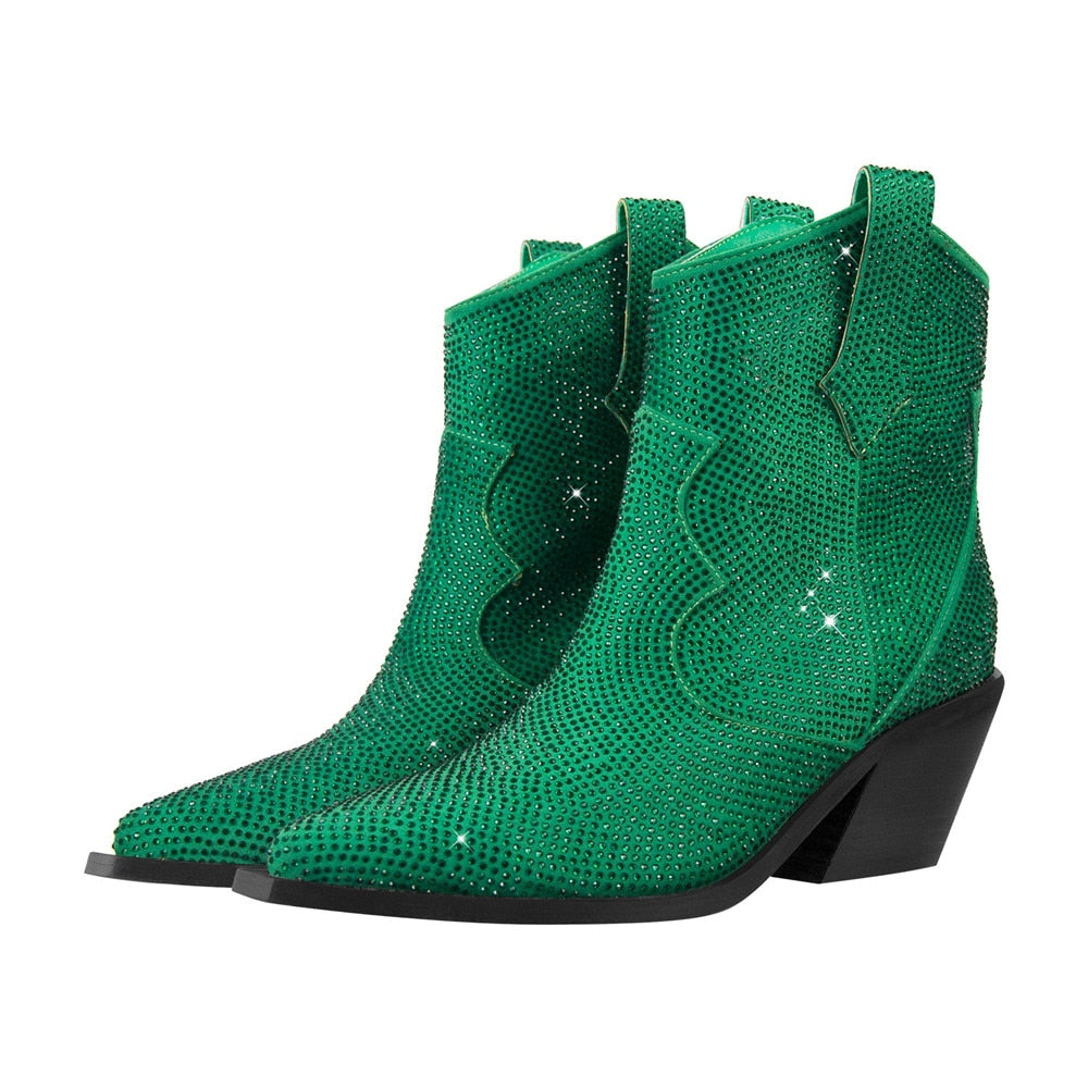 Fashion Rhinestone Women Ankle Boots For Woman Pointed Toe Western Cowboy Botas De Mujer Square Heel Party Shoes Botines