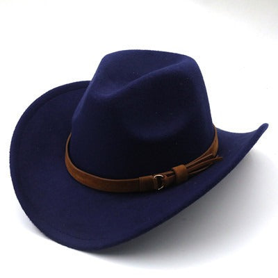 Casual Versatile Retro Camel Belt Autumn Winter Mens and Womens Woolen Western Denim Hat Wide Brim Sun Shade Top Hat