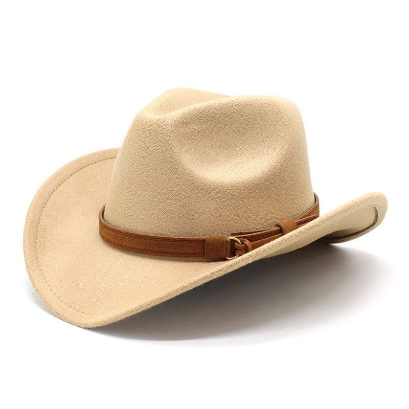 Casual Versatile Retro Camel Belt Autumn Winter Mens and Womens Woolen Western Denim Hat Wide Brim Sun Shade Top Hat