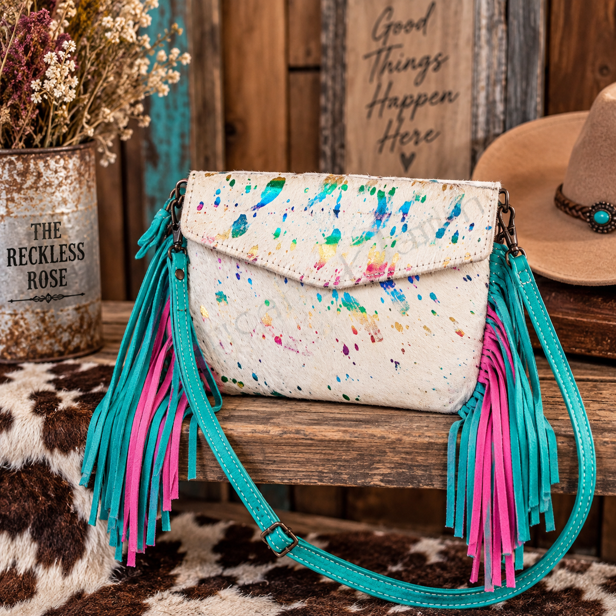 American Darling Genuine Leather Hair-On Cowhide Fringe Envelope Crossbody Bag
