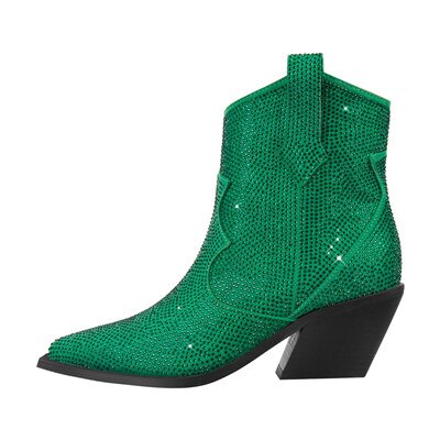 Fashion Rhinestone Women Ankle Boots For Woman Pointed Toe Western Cowboy Botas De Mujer Square Heel Party Shoes Botines