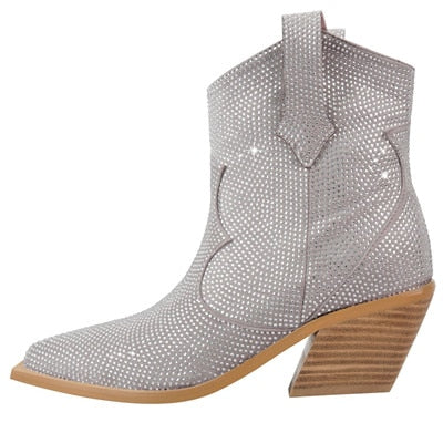 Fashion Rhinestone Women Ankle Boots For Woman Pointed Toe Western Cowboy Botas De Mujer Square Heel Party Shoes Botines
