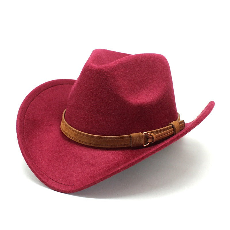 Casual Versatile Retro Camel Belt Autumn Winter Mens and Womens Woolen Western Denim Hat Wide Brim Sun Shade Top Hat