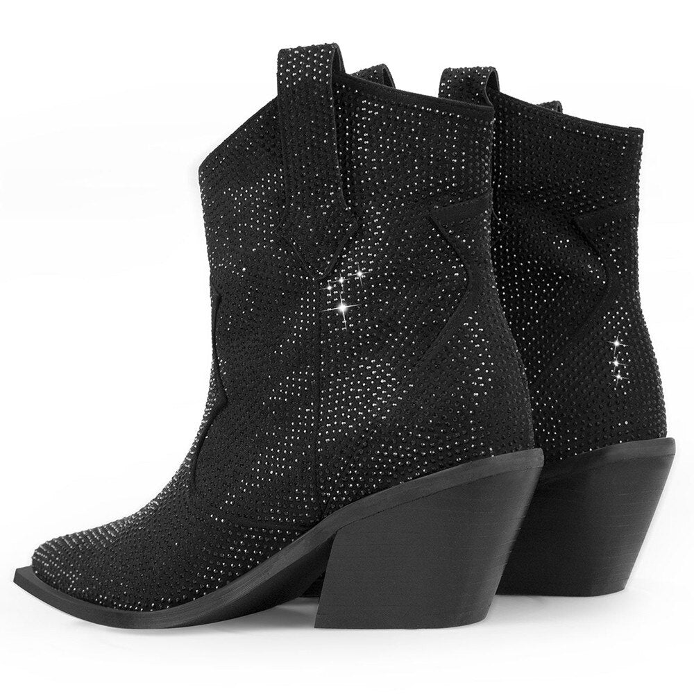 Fashion Rhinestone Women Ankle Boots For Woman Pointed Toe Western Cowboy Botas De Mujer Square Heel Party Shoes Botines
