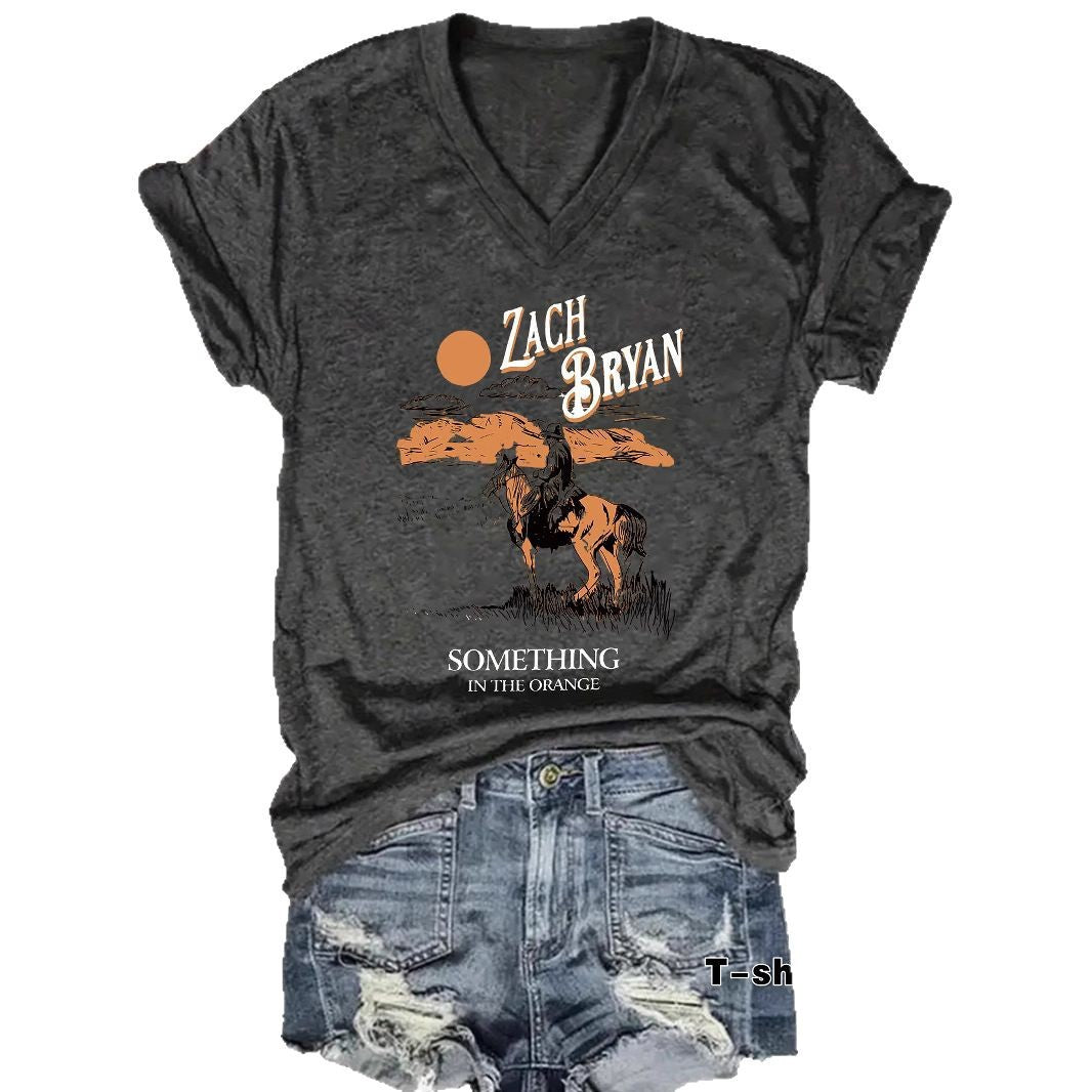 Western denim pattern printed short sleeved shirt