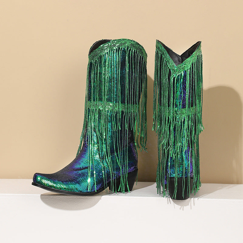 Curved Toe Sequins Glitter Bling Shiny Gold Green Purple Women Heels Shoes Mid-calf Western Cowboy Boots With Fringes Tassels