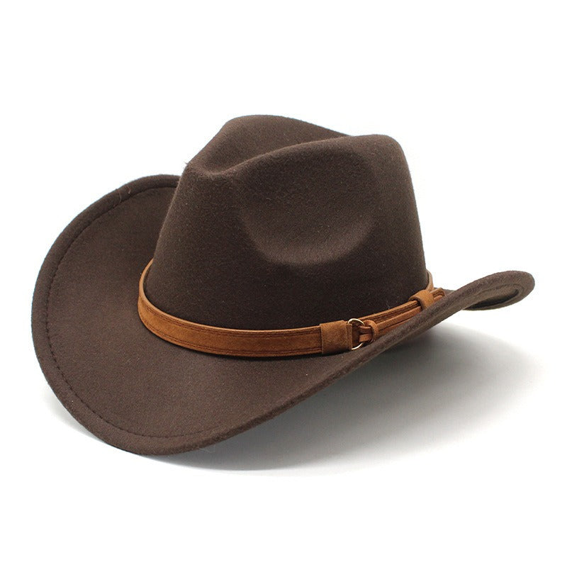 Casual Versatile Retro Camel Belt Autumn Winter Mens and Womens Woolen Western Denim Hat Wide Brim Sun Shade Top Hat